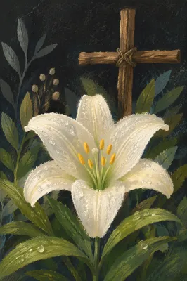 Dewy Easter Lily with Wooden Cross
