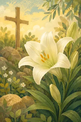 Easter Lily Garden With Wooden Cross