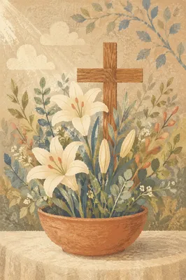 Easter Lilies and Wooden Cross Garden