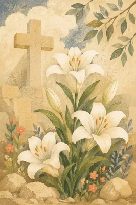 Easter Garden Lilies with Wooden Cross