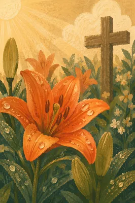 Dewy Easter Lily Garden With Wooden Cross