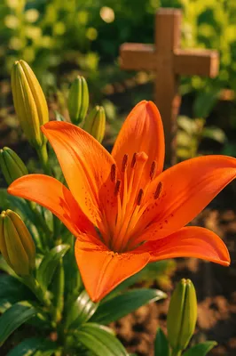 Easter Lily Garden with Wooden Cross