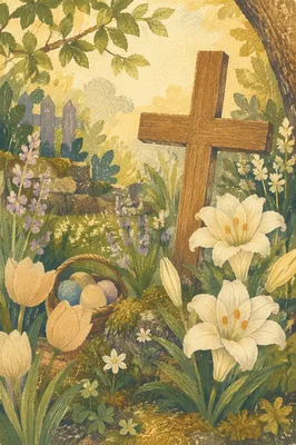 Easter Sunrise Garden with Lilies and Cross