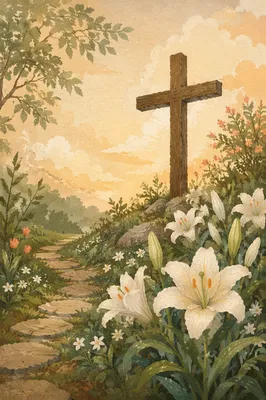 Easter Garden Lilies Beside Weathered Cross