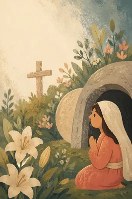 Easter Garden Lilies and Wooden Cross