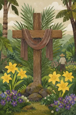 Easter Garden Cross with Lilies