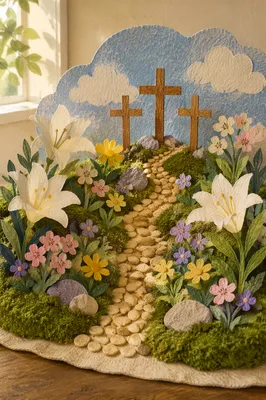 Easter Garden Path with Lilies and Crosses