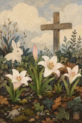 Easter Garden Lilies and Wooden Cross