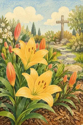 Easter Lilies Beside a Wooden Cross