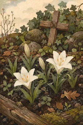 Peaceful Easter Garden with Lilies and Cross