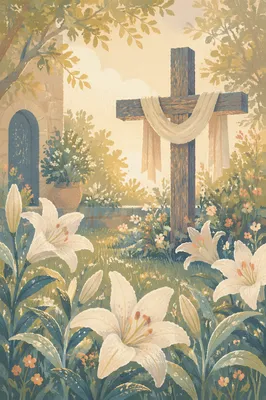 Easter Garden Cross Among White Lilies