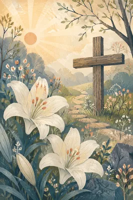 Easter Garden Lilies Beside Wooden Cross