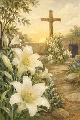 Easter Garden Lilies Before Wooden Cross