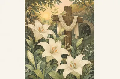 Easter Lilies Around Weathered Wooden Cross