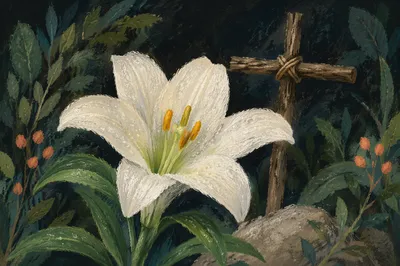 Easter Lily Garden with Wooden Cross