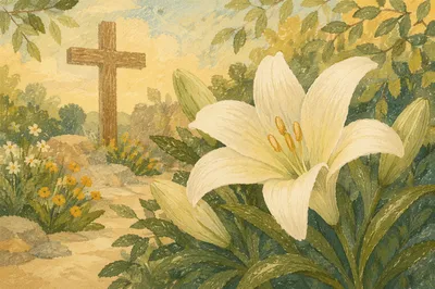 Easter Lily Garden with Wooden Cross