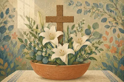 Easter Lilies and Wooden Cross Garden
