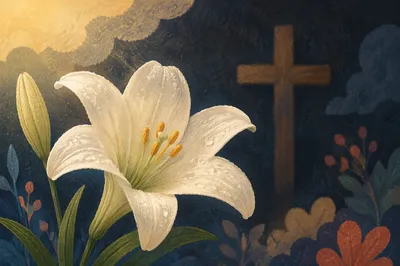 Easter Lily Garden With Wooden Cross