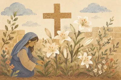 Easter Garden Lilies with Wooden Cross
