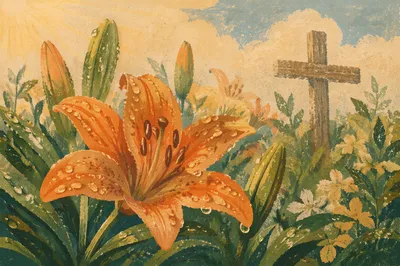 Dewy Easter Lily Garden With Wooden Cross
