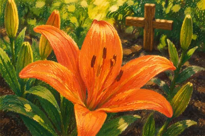 Easter Lily Garden with Wooden Cross