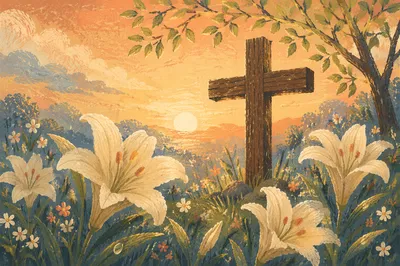 Easter Garden Cross Among White Lilies