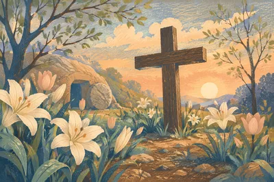 Peaceful Easter Garden Cross with Lilies