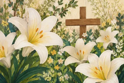 Easter Garden Lilies with Wooden Cross