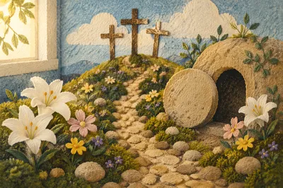 Easter Garden Path with Lilies and Crosses