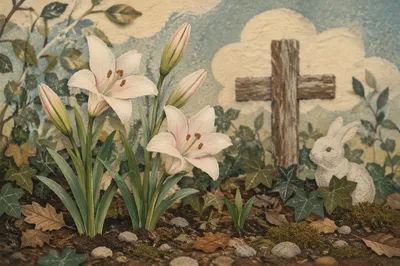 Easter Garden Lilies and Wooden Cross