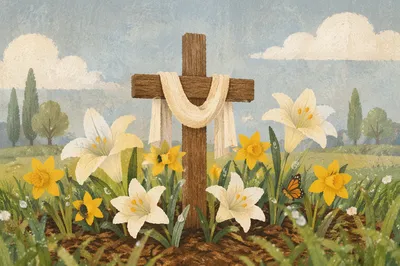Easter Garden Cross with Lilies and Daffodils