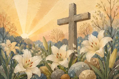 Easter Garden Cross Among White Lilies