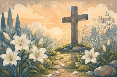 Easter Morning Garden with Lilies and Cross