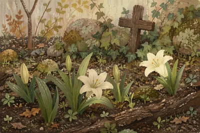 Peaceful Easter Garden Lilies and Wooden Cross