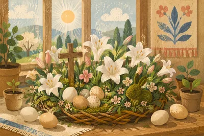 Easter Garden Lilies with Wooden Cross