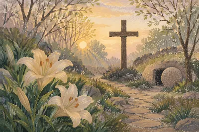 Easter Garden Cross with Blooming Lilies