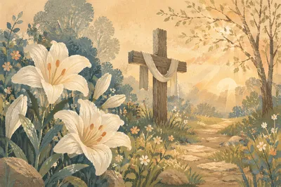 Serene Easter Garden With Lilies and Cross