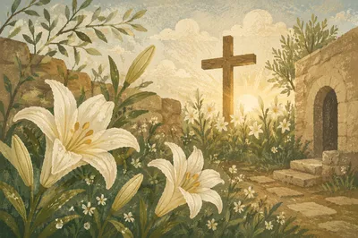 Easter Garden Lilies Before Wooden Cross
