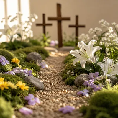 Easter Garden Path with Lilies and Crosses