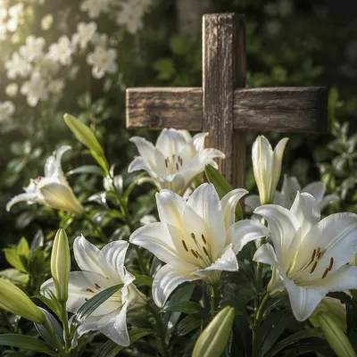 Easter Lilies Around Weathered Wooden Cross