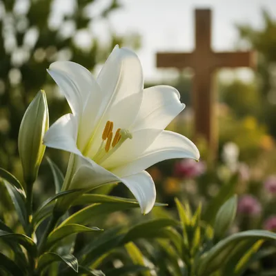 Easter Lily Garden with Wooden Cross