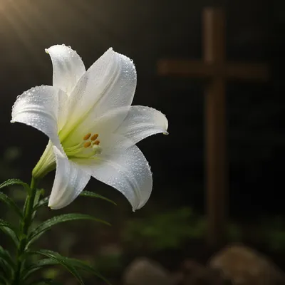 Dewy Easter Lily Beside Wooden Cross