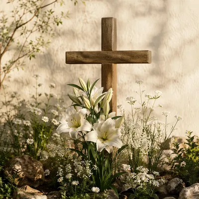 Easter Lilies and Wooden Cross Garden