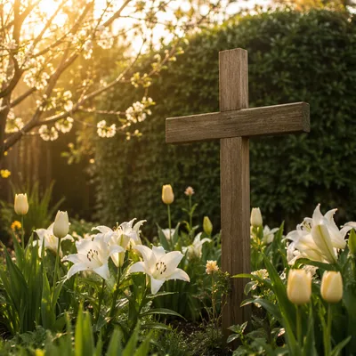 Easter Garden Cross Among White Lilies