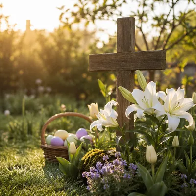 Easter Sunrise Garden with Lilies and Cross