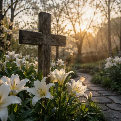 Easter Garden Lilies and Wooden Cross
