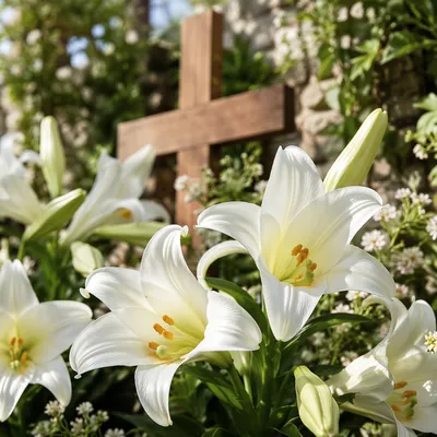Easter Garden Lilies with Wooden Cross