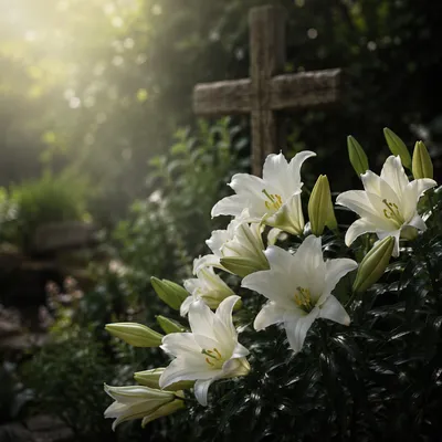 Easter Garden Lilies and Wooden Cross