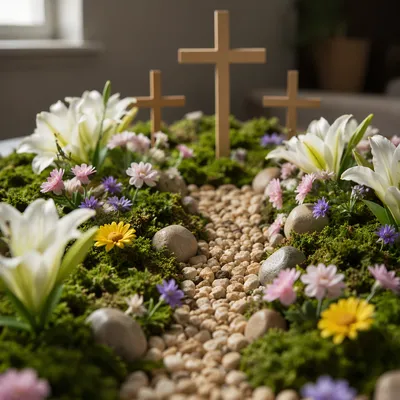 Easter Garden Tabletop with Lilies and Crosses