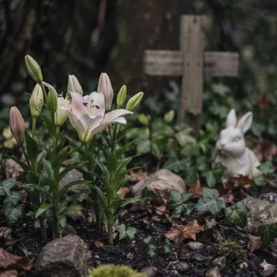 Easter Garden Lilies and Wooden Cross
